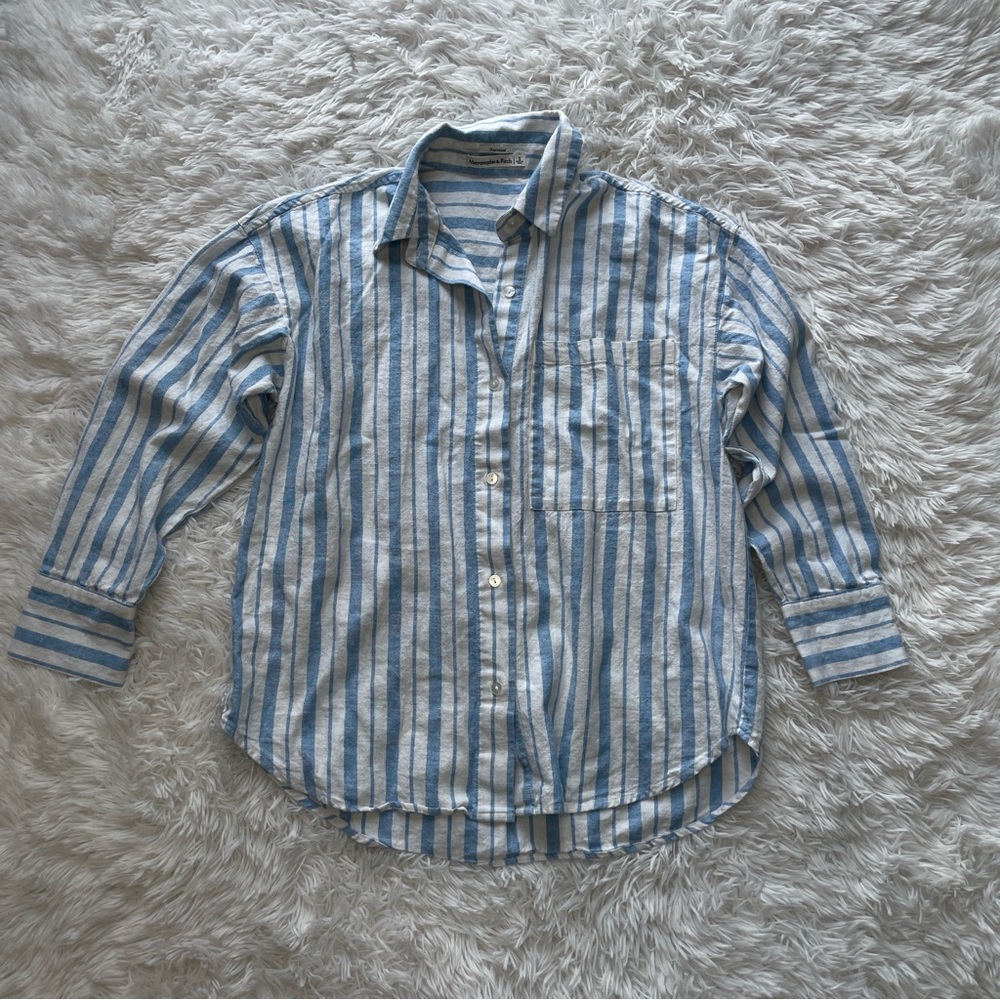 Abercrombie & Fitch Oversized Linen Blend Striped Button Down Top